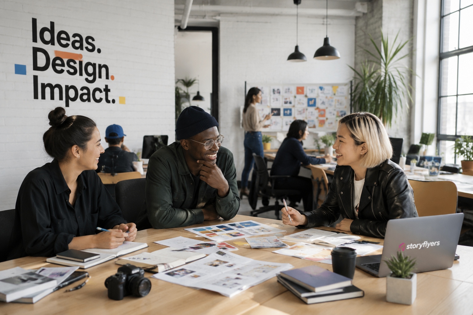STORY FLYERS creative team collaborating in studio | Ideas. Design. Impact.