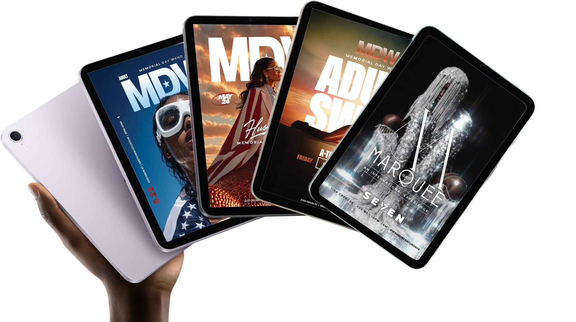 Four iPads fanned out, held in a hand